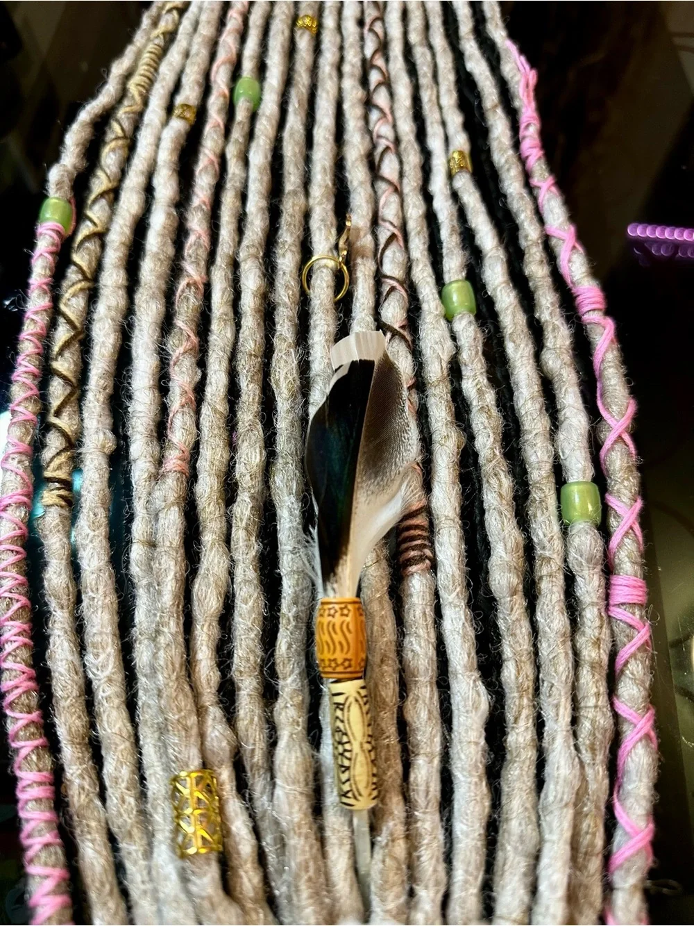 Boho Gray & Pink Synthetic Dreadlock Hair Wraps with Bead Accents